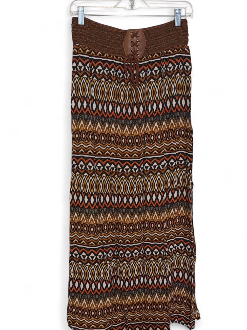 Beautiful Vintage  Poetry Boho Tribal Print Midi Skirt Brown Lace-Up